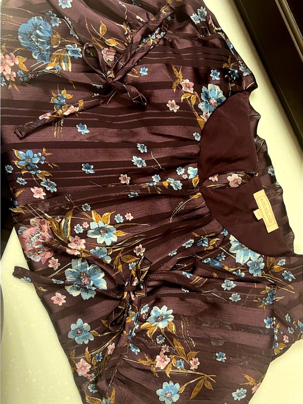 Blousology Floral Burgundy Satin Blouse with Blue & Pink Flowers